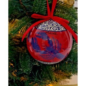 Maine Red & Blue Lobster Shatterproof Christmas Ornament Red Ribbon 3" Round